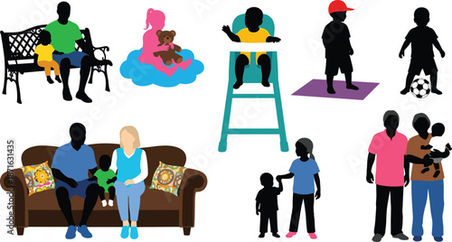 Silhouettes of adults and children in family scenes, showing bonding, care, and play across diverse childhood and parenting moments.