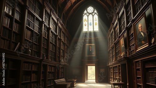 disequilibrium. Ancient family library with tall wooden bookshelves and stained glass window light. real-estate listings.