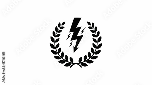 Black lightning bolt inside a laurel wreath on white background.