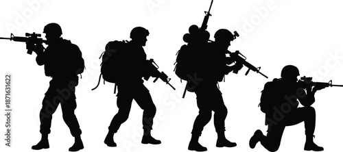 Silhouettes of Armed Soldiers in Tactical Poses for Military Readiness, Teamwork, and Combat Operation Vector Illustration Design
