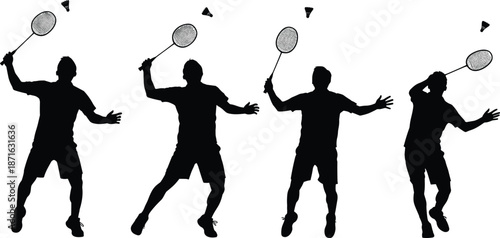 Silhouettes of Badminton Players in Action with Shuttlecocks for Sport, Movement, and Athletic Vector Illustration Design