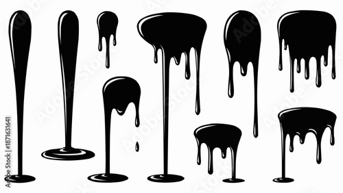 Black liquid dripping and flowing in various shapes.