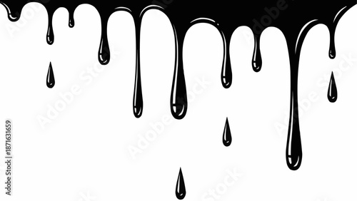 Black liquid dripping down from above on a white background.