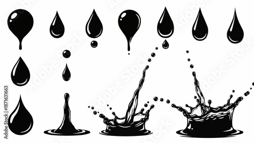 Black liquid drops and splashes isolated on white background.