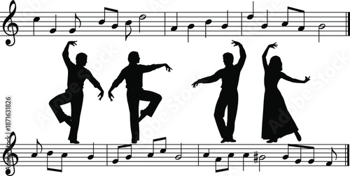 PriSilhouettes of dancers between musical staves, vector illustration of rhythm, choreography, and expressive movement in musicnt