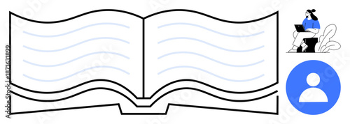 Education concept. Education highlighted by open book outline, user profile icon, and person reading. Education visually for learning, knowledge sharing, online classes, studying aids, and digital