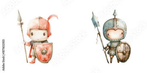 cute knight with shield and spear watercolor vector illustration