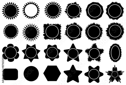 Set of sale sticker, starburst, price tag, quality mark, sunburst badges, and retro stars. Flat vector design. Black Decorative Badge and Frame Shapes.