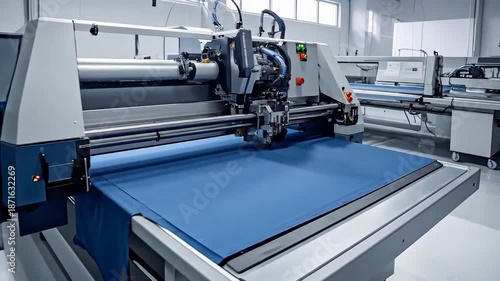 Automated cutting machine precisely cutting blue fabric in a modern textile factory.