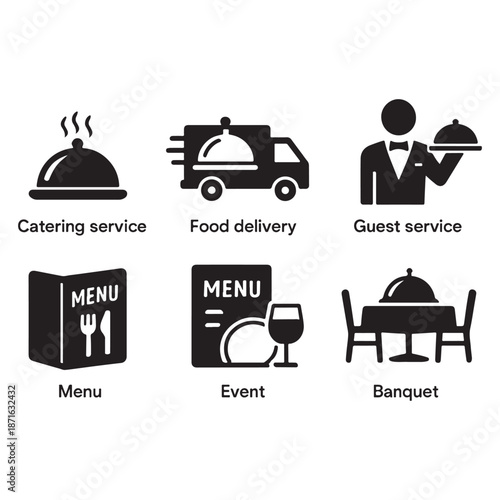 Catering icon set vector. Catering service, food, delivery of ready meals, guest service, menu for event, banquet vector

