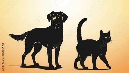 Black silhouette of a dog and a cat standing together.