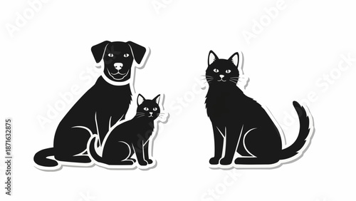 Black silhouette of a dog and two cats on a white background.