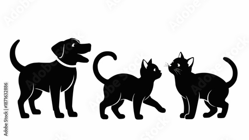 Black silhouette of a dog and two cats interacting.