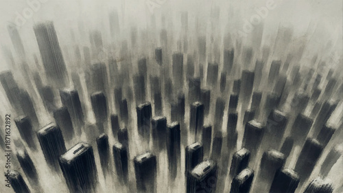Blurred cityscape with tall buildings and skyscrapers in grayscale