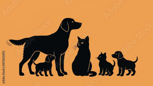 Black silhouette of a dog family with cats on orange background.
