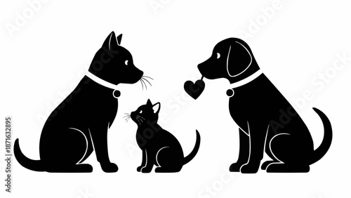 Black silhouette of a dog holding a heart between two cats.