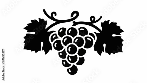 Black Silhouette of a Grape Bunch with Leaves and Vine.