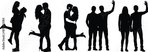 Silhouettes of Six Couples in Affectionate and Playful Poses, Calm Mood, One-Panel Romance and Companionship Vector Illustration Design
