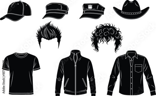 Silhouettes of hats, hairstyles, and tops in fashion vector illustration for character design, customization, and style comparison