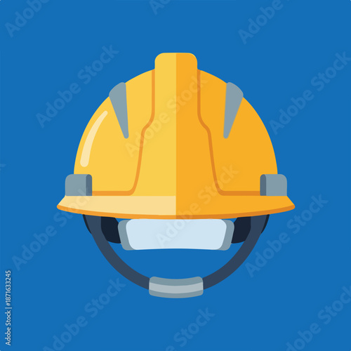 A flat vector illustration of a bright yellow construction hard hat, featuring grey accents and internal padding, set against a solid blue background.