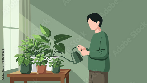Man watering indoor plants on a table next to a window on a sunny day, creating a serene atmosphere