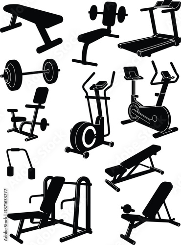 Silhouettes of gym equipment in grid layout, vector illustration of fitness machines for workout planning and gym design