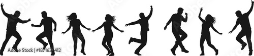 Silhouettes of people dancing in dynamic poses, horizontal line formation, expressive movement, celebration, performance, physical activity concept