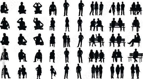 Silhouettes of people in diverse poses and groupings, showcasing human interaction, posture, social behavior, and expressive body language.