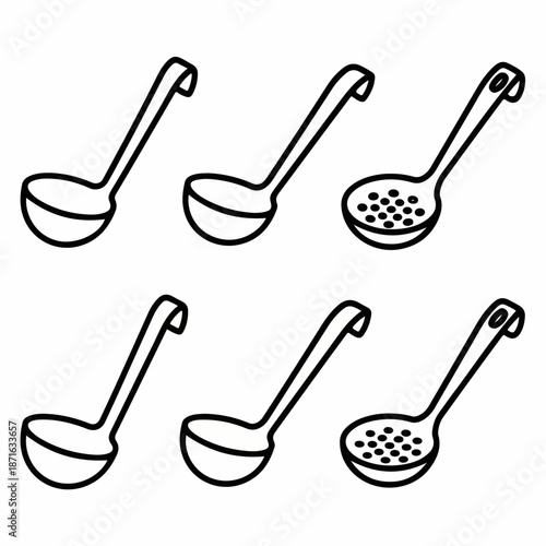 Black and white outline vector icons of kitchen ladles, scoop, and slotted spoon utensils, arranged in a simple set for cooking and serving.
