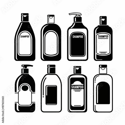 Black and white vector icon set of various shampoo, conditioner, and body wash bottles, featuring different shapes and dispensing mechanisms for cosmetic packaging design.