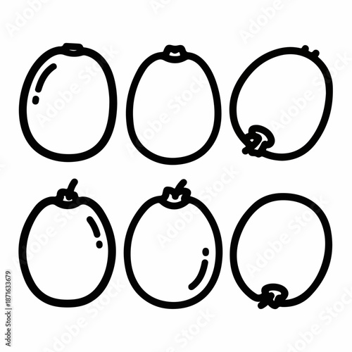 Simple black and white line art illustration set featuring six stylized kiwi fruits or generic oblong berries, hand-drawn food doodle icons.