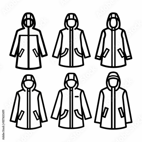 Collection of Raincoat and Waterproof Jacket Line Icons with Hoods. Outerwear Outline Symbols Set for Weather, Clothing, and Outdoor Design.
