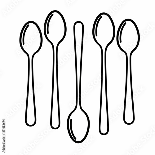 Five outline drawing spoons illustration set. Black and white minimalist vector icons of cutlery, suitable for kitchen and dining design elements.