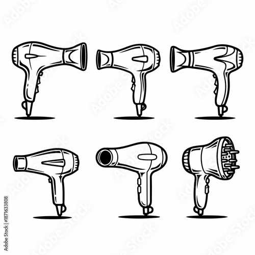 Black and white line art set of six different hand-held hair dryer icons featuring various designs and attachments for professional salon or home styling.