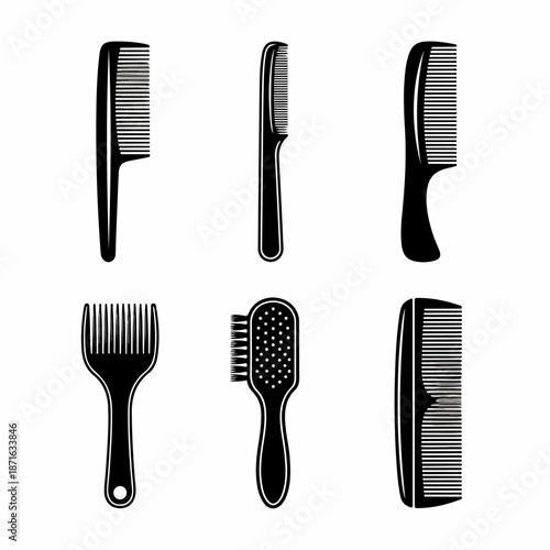 Black Silhouette Set of Six Hair Combs and Brushes, Including Afro Pick and Styling Tools, Representing Grooming, Barber Shop, and Hair Care Icons.