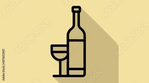 Outline icon of a bottle and glass with long shadow effect. Minimalist flat design vector illustration for drinks and celebration.