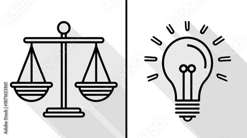 Scales of Justice and Lightbulb Icon. Law, Idea, Equality, and Creativity Concept Illustration with Long Shadow