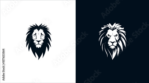 Powerful and majestic lion head logo illustration in black and white for branding and design projects, representing strength and leadership