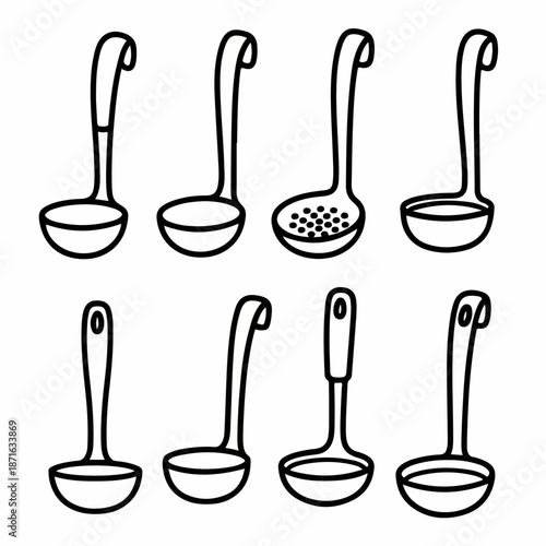 Outline vector set of kitchen ladles, scoopers, and serving spoons including a slotted spoon, isolated on a white background.