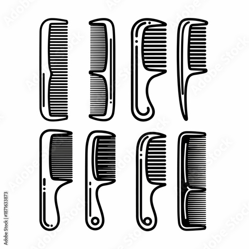 Set of 8 outline vector icons illustrating various types of professional hair combs and styling tools for hairdressers, barbershops, and personal grooming needs, isolated on white.