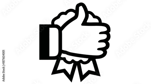 Monochrome hand giving a thumbs-up gesture with a decorative quality badge icon. Concept of approval, satisfaction, best, success.