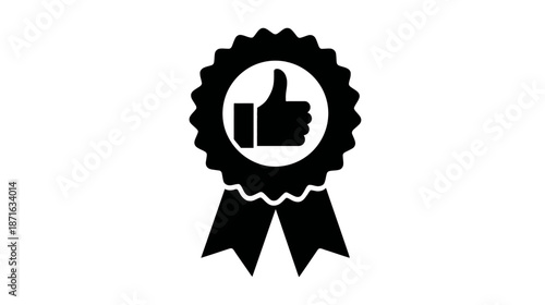 Black vector icon of a quality award badge with a thumbs up symbol for approval and recommendation. Excellent service and top rating.