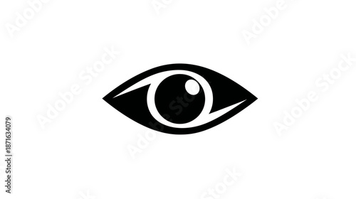 Black and white stylized eye icon symbolizing vision, observation, security, watchfulness, and insight on white background