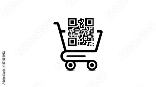 Digital shopping cart with QR code icon. E-commerce, mobile payment, online store, scan to buy, retail technology concept.