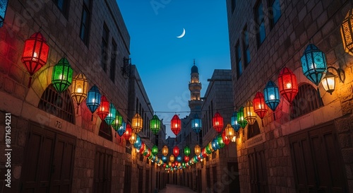 Vibrant Lanterns Adorn Ancient Street at Dusk with Crescent Moon Above