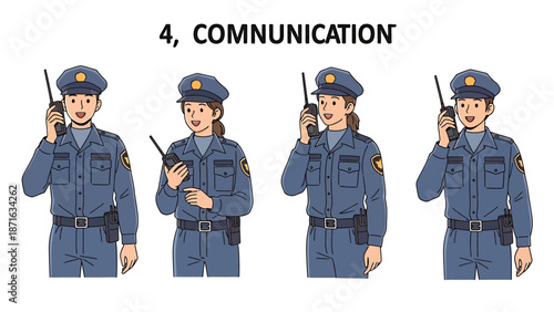 Police officers in uniform communicating via radios in various poses