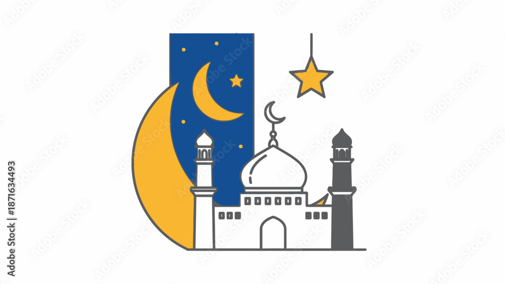 Naklejka premium Ramadan Islamic Mosque with Crescent Moon and Star Night Sky Illustration