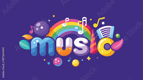 A vibrant and playful kids music logo featuring a rainbow with rounded letters, perfect for engaging young audiences in a fun and educational musical experience.