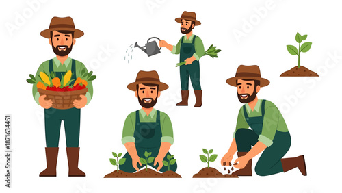 Farmer planting and nurturing crops in a garden with various gardening activities