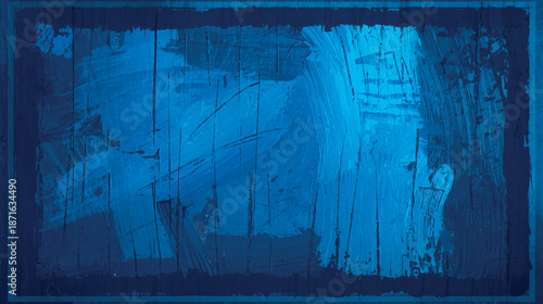 A blue abstract painting with dark blue border and light effects